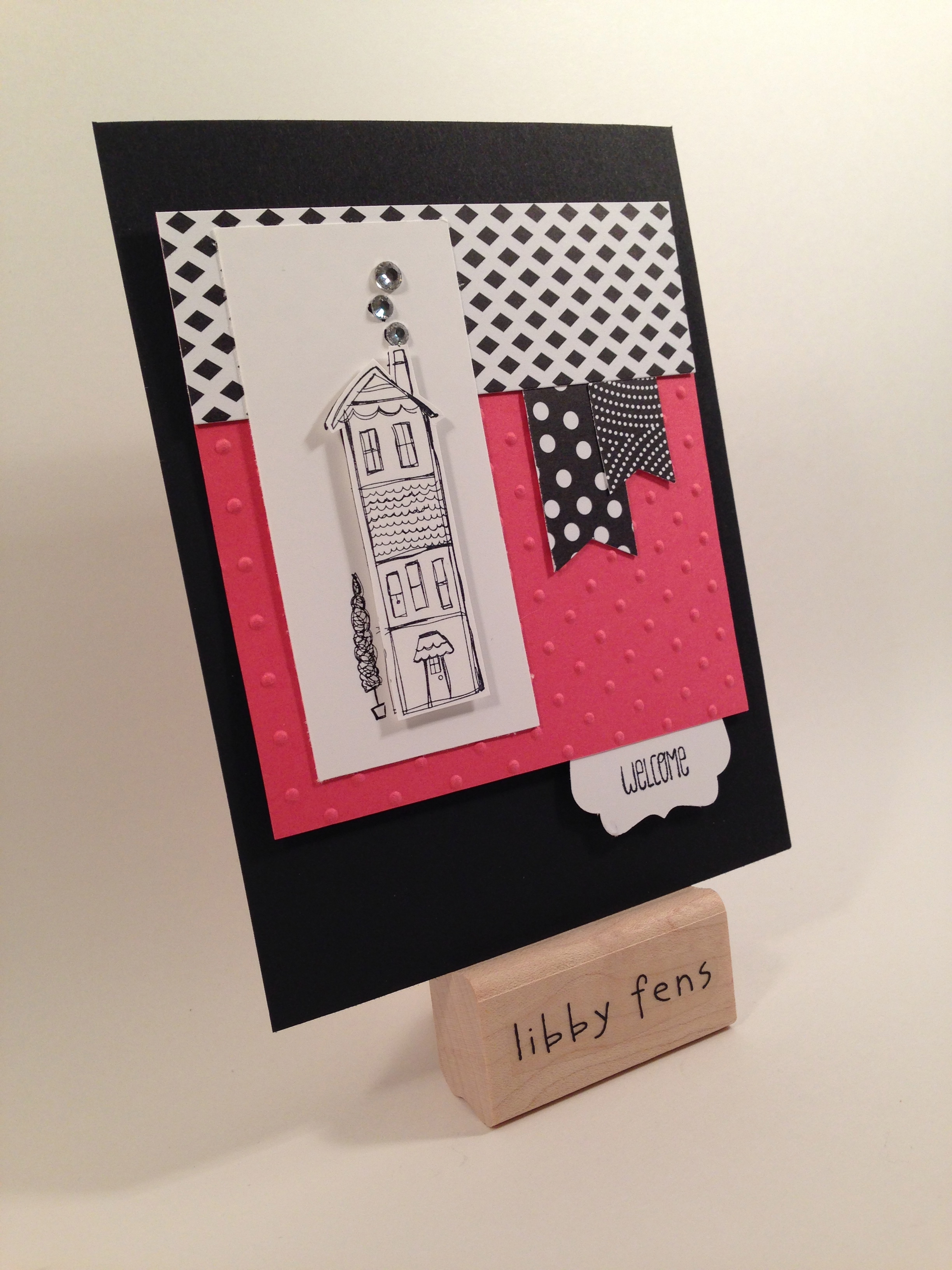 libbystamps, Life's Adventure, Perfectly Polkadot Embossing Folder, Back to Black DSP, Banner Punch, Rhinestone Basic Jewels 