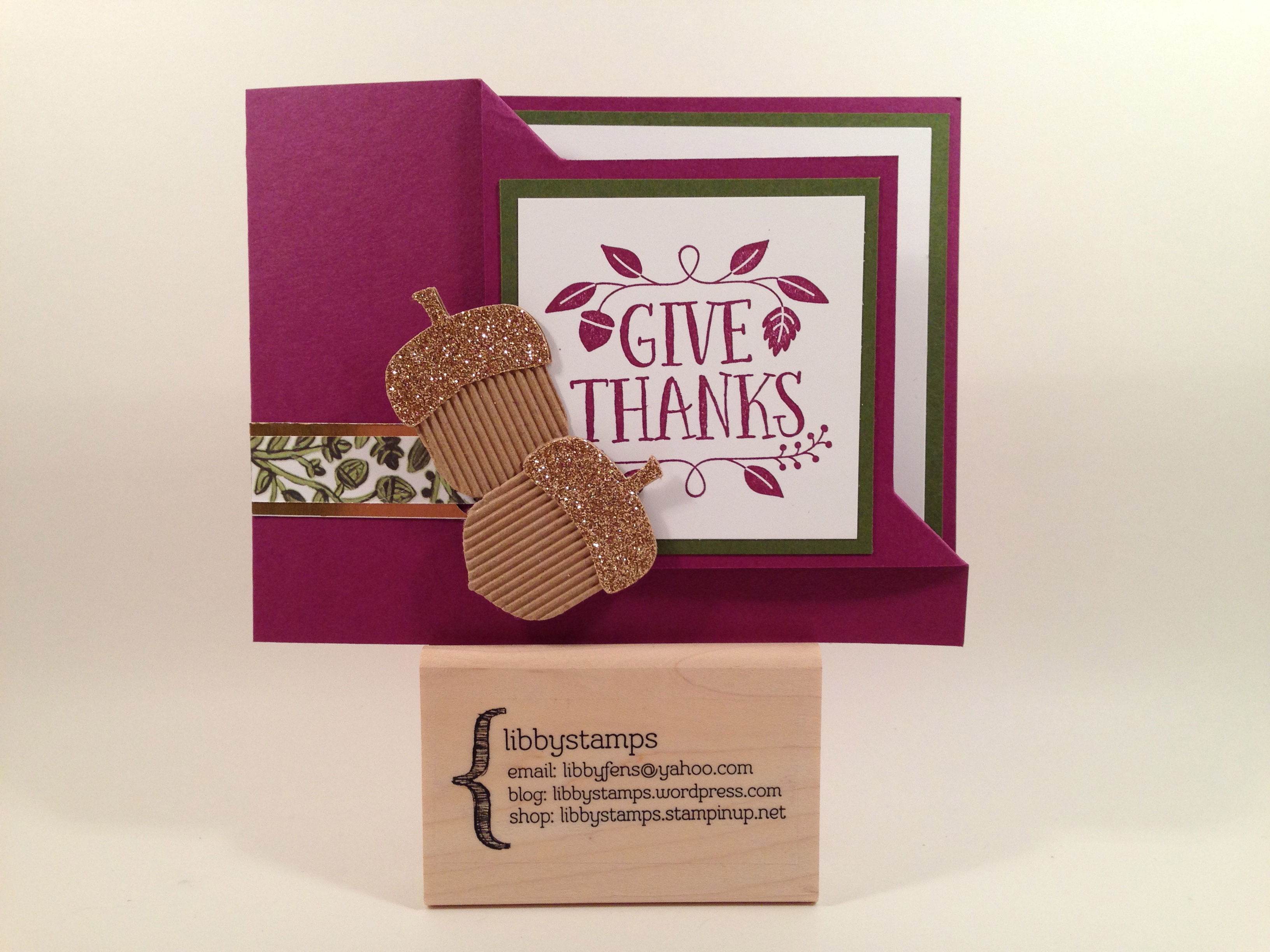 libbystamps, Stampin' Up, Thankful Forest Friends, Acorn Builder Punch, Into the Woods DSP, Gold Foil Sheets, Gold Glimmer Paper, Kraft and White Corrugated Paper, corner flip fold card