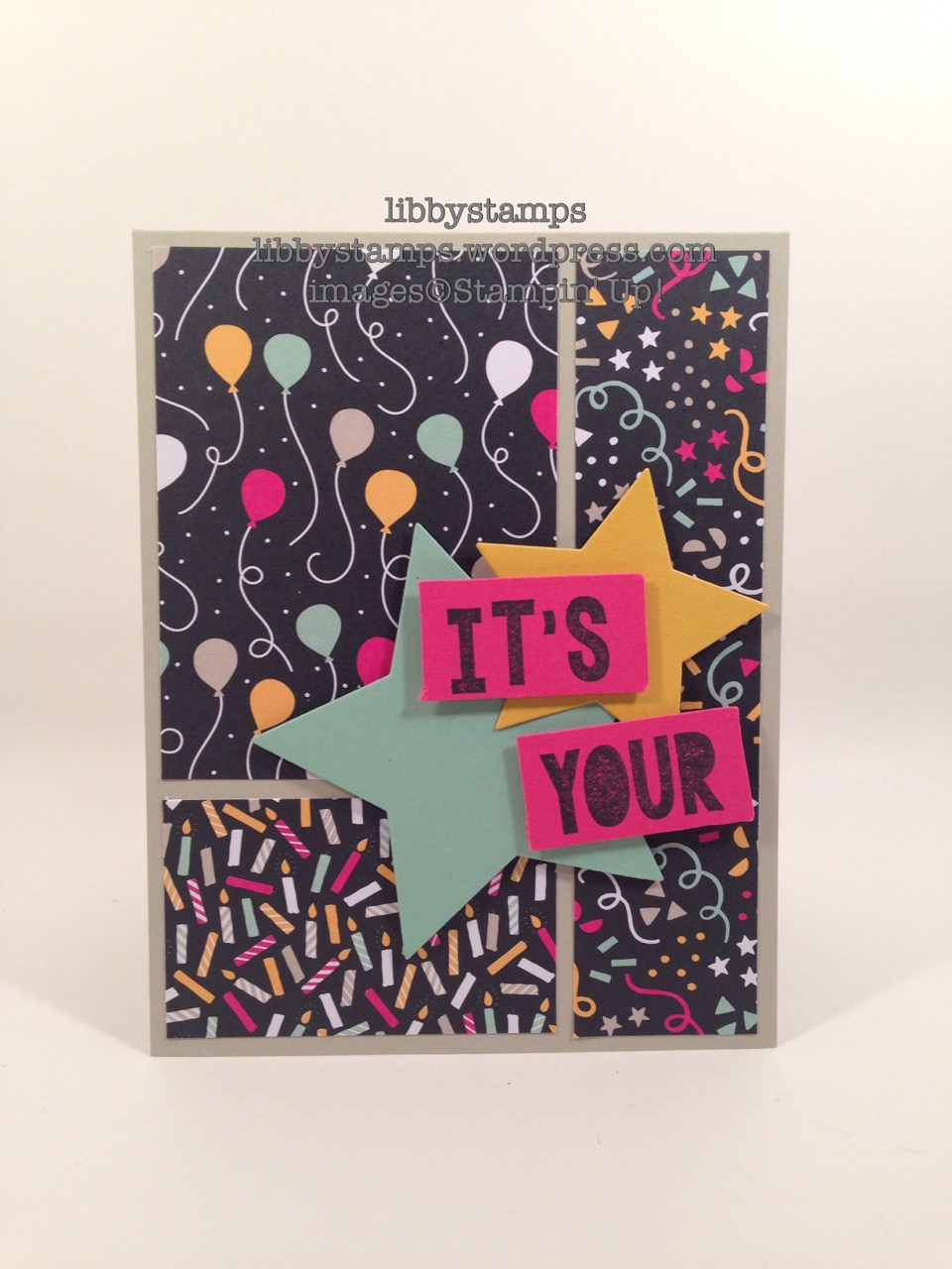 libbystamps, stampin up, Party with Cake, Stars Framelits, It's My Party DSP, TSOT271