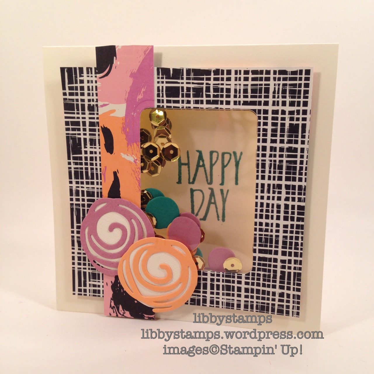 libbystamps, stampin up, Perfectly Wrapped, Swirly Scribbles Thinlits, shaker card, WWC70