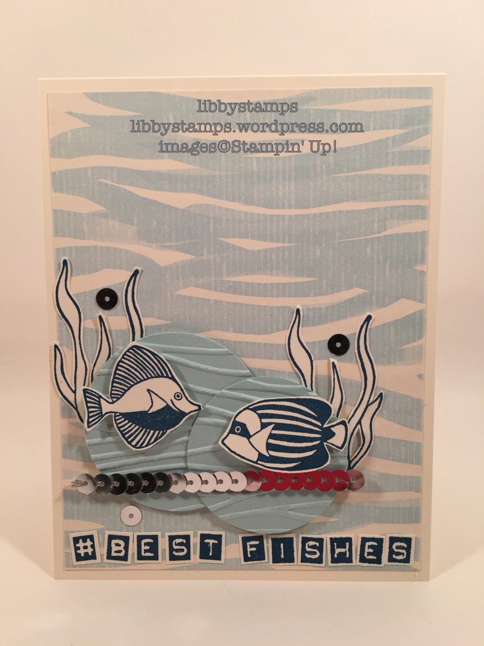 libbystamps, stampin up, CCMC421, Seaside Shore, By the Shore DSP, Labeler, Seaside EF, fishes card
