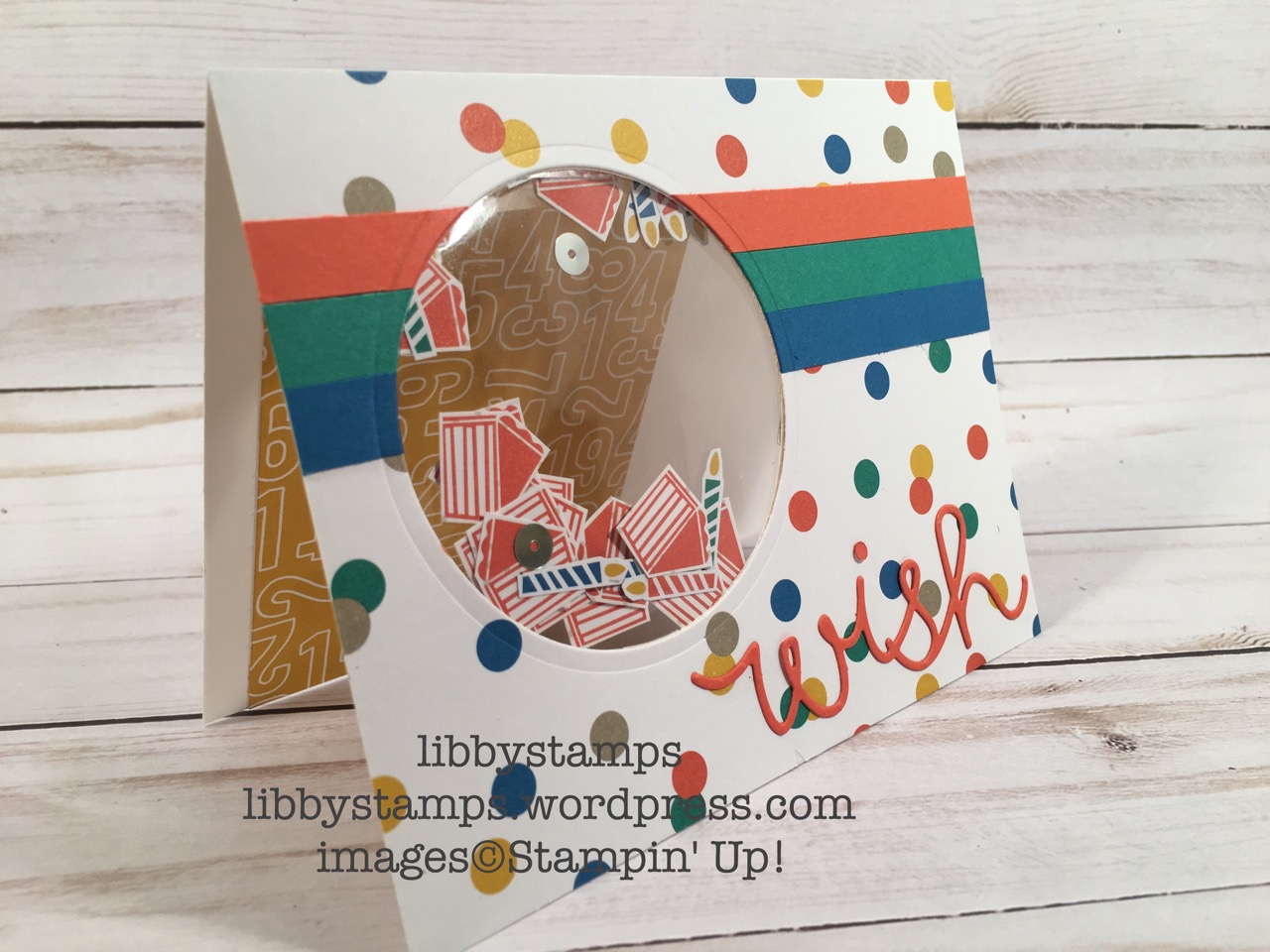 libbystamps, stampin up, Circles Collection Framelits, Cupcake Cutouts Framelits, Party Animal DSP, shaker card