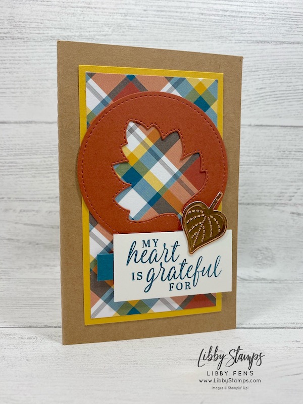 libbystamps, Stampin' Up!, Beautiful Autumn, Stitched Leaves Dies, Stitched Shaped Dies, Plaid Tidings 6 x 6  DSP, Stamparatus, Whisper White Note Cards & Envelopes, BFBH, Blogging Friends Blog Hop, Gratitude Journal