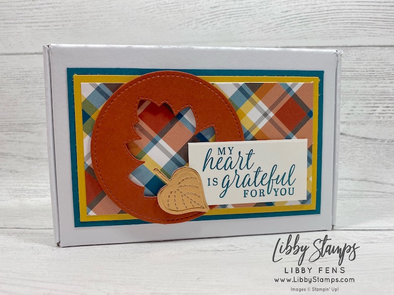 libbystamps, Stampin' Up!, Beautiful Autumn, Stitched Leaves Dies, Stitched Shaped Dies, Plaid Tidings 6 x 6  DSP, Stamparatus, Whisper White Note Cards & Envelopes, BFBH, Blogging Friends Blog Hop, Mini Paper Pumpkin Boxes
