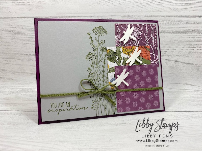 libbystamps, Stampin' Up!, Dragonfly Garden, Dandy Garden 6" x 6" DSP, Dragonflies Punch, Mossy Meadow 3/16" Braided Linen Trim, #OnStageatHome