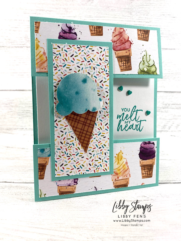 libbystamps, Stampin' Up!, Sweet Ice Cream, Sweet Ice Cream Bundle, Ice Cream Corner DSP, Ice Cream Cone Builder Punch, Resin Hearts, Fun Fold, Fun Fold Fridays, Open Panel Card