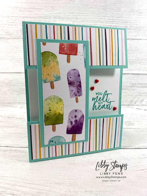 libbystamps, Stampin' Up!, Sweet Ice Cream, Sweet Ice Cream Bundle, Ice Cream Corner DSP, Ice Cream Cone Builder Punch, Resin Hearts, Fun Fold, Fun Fold Fridays, Open Panel Card
