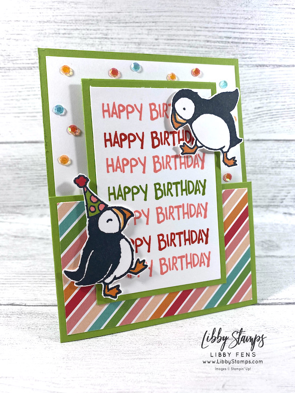 libbystamps, Stampin' Up, Party Puffins, Pattern Party DSP, Stamparatus, Artistry Blooms Sequins, Fun Fold Fridays, Fun Fold