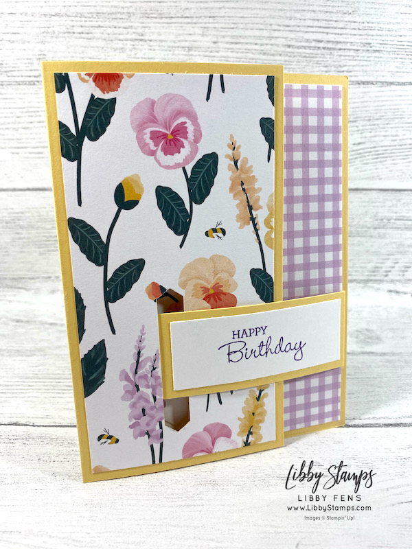 libbystamps, Stampin' Up, Pansy Patch, Pansy Petals DSP, Classic Label Punch, Fun Fold, Ful Fold Fridays, Latch Card