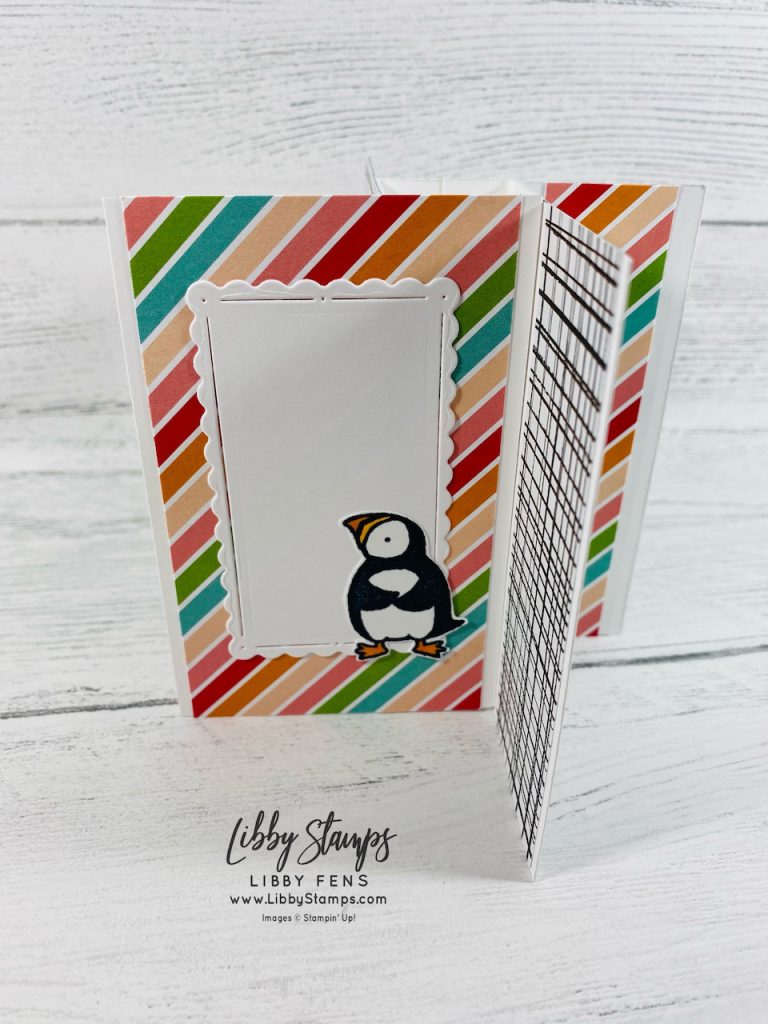 libbystamps, Stampin' Up, Party Puffins, Scalloped Contours Dies, Pattern Party DSP, Stampin' Blends, BFBH, Blogging Friends Blog Hop, Fun Fold, Fun Fold Fridays, Pinwheel Tower Card