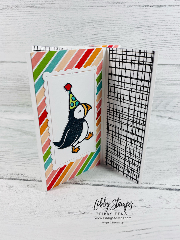 libbystamps, Stampin' Up, Party Puffins, Scalloped Contours Dies, Pattern Party DSP, Stampin' Blends, BFBH, Blogging Friends Blog Hop, Fun Fold, Fun Fold Fridays, Pinwheel Tower Card