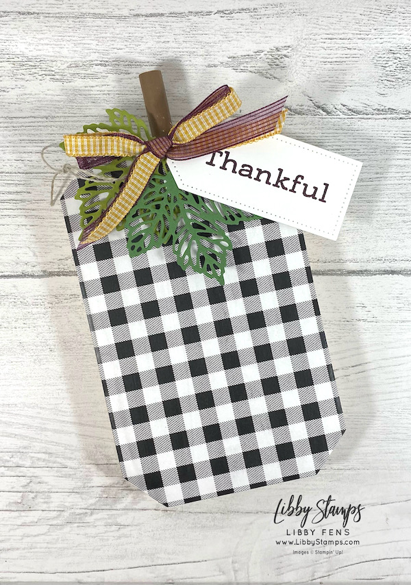 libbystamps, Stampin' Up, Time of Giving, Intricate Leaves Dies, Tailor Made Tags Dies, Pattern Party DSP, Bumblebee 1/4" Gingham Ribbon, Blackberry Sheer Ribbon, Linen Thread, Ink Stamp Share, Ink Stamp Share Blog Hop