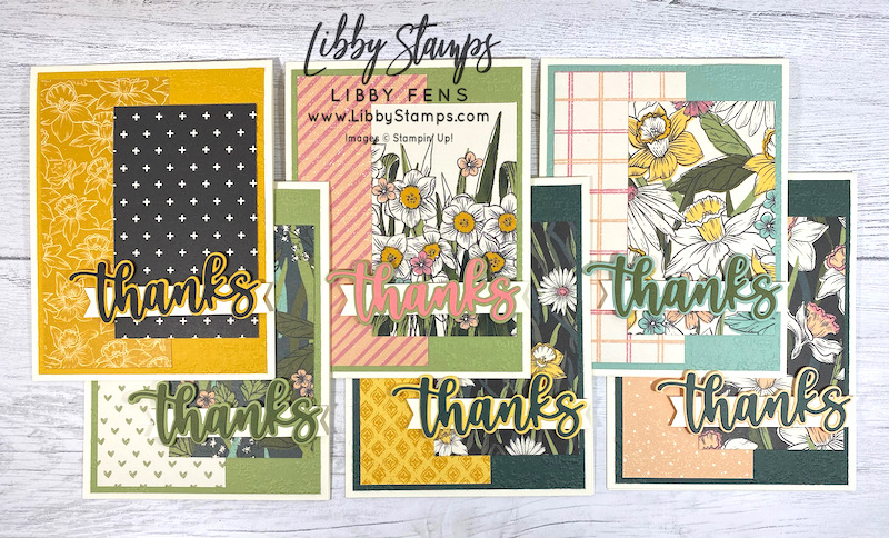 libbystamps, Stampin' Up!, Amazing Thanks Dies, Timeworn Type 3D EF, Daffodil Afternoon, January - June 2022 Catalog, Ink Stamp Share Blog Hop, card set