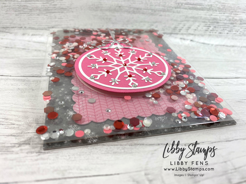 libbystamps, Stampin' Up, Snowflake Wishes, Delicate Baubles Dies, Scalloped Contours Dies, Sequins for Everything, Subtle Shimmer Sequins, fun fold, Frameless Shaker Card, CCM, Create with Connie and Mary Saturday Blog Hop