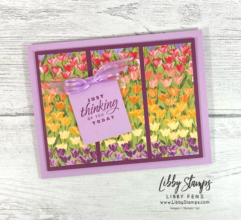 libbystamps, Stampin' Up, Flowering Tulips, Flowering Fields DSP, Essential Tag Punch, Fresh Freesia 3/8" Open Weave Ribbon, CCM, Create with Connie and Mary Saturday Blog Hop