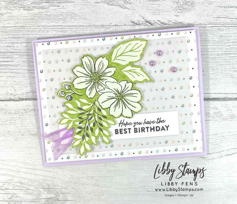 libbystamps, Stampin' Up, Friendly Hello, Friendly Hello Bundle, Friendly Hello DSP, Vellum, Fresh Freesia 3/8" Open Weave Ribbon, Pastel Pearls, Share It Sunday Blog Hop, SAB, Sale-A-Bration, Sale-a-bration 2022
