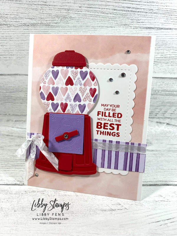 libbystamps, Stampin' Up, Gumball Greetings, Gumball Greetings Bundle, Gumball Machine Dies, Scalloped Contours Dies, Sweet Talk DSP, Whisper White 1/4" Crinkled Seam Binding, Rhinestone Basic Jewels, CCMC, Create with Connie and Mary Challenges