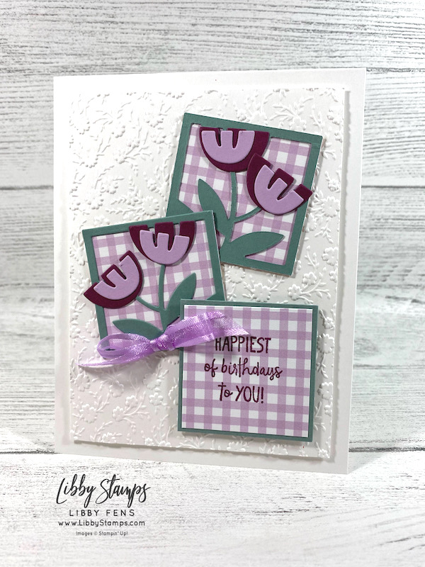 libbystamps, Stampin' Up, All Squared Away, All Squared Away Bundle, Floral Squares Dies, Ornate Floral 3D EF, Pansy Petals DSP, Fresh Freesia 3/8" Open Weave Ribbon, Mini Stampin' Cut & Emboss Machine, CCMC, Create with Connie and Mary Challenges