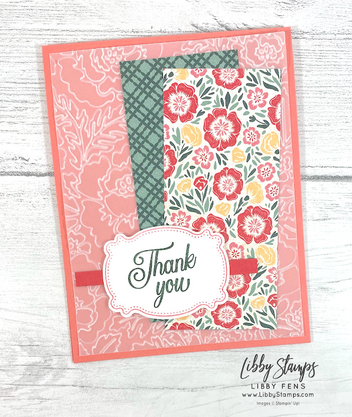 libbystamps, Stampin' Up, Lovely & Lasting Bundle, Lovely & Lasting, Pretty Flowers EF, Lasting Label Punch, Vellum Card Stock, Lovely Linen DSP, Thank You, CCMC, Create with Connie and Mary Challenges