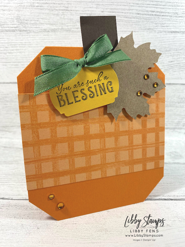 libbystamps, Stampin' Up, Friendsgiving, Hello Harvest, Very Best Trio Punch, Label Me Fancy Punch, Gingham Cottage DSP, Leaf Label & Amber Gem Combo Pack, CCM, Create with Connie and Mary Saturday Blog Hop