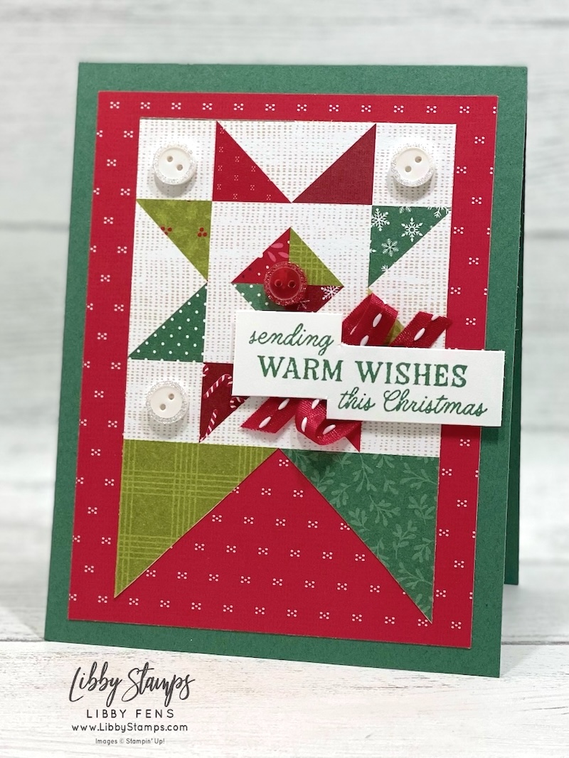 libbystamps, Stampin' Up!, Stitched Stocking, A Stitched Season DSP, Real Red 1/4 Stitched Ribbon, Adhesive Backed Mini Christmas Buttons, Christmas Card, Quilt card, Create with Stamping Friends