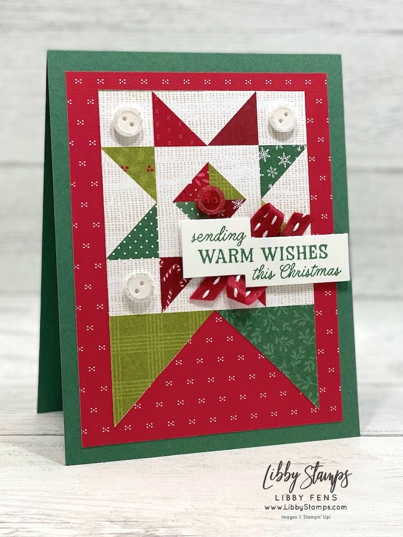 libbystamps, Stampin' Up!, Stitched Stocking, A Stitched Season DSP, Real Red 1/4 Stitched Ribbon, Adhesive Backed Mini Christmas Buttons, Christmas Card, Quilt card, Create with Stamping Friends