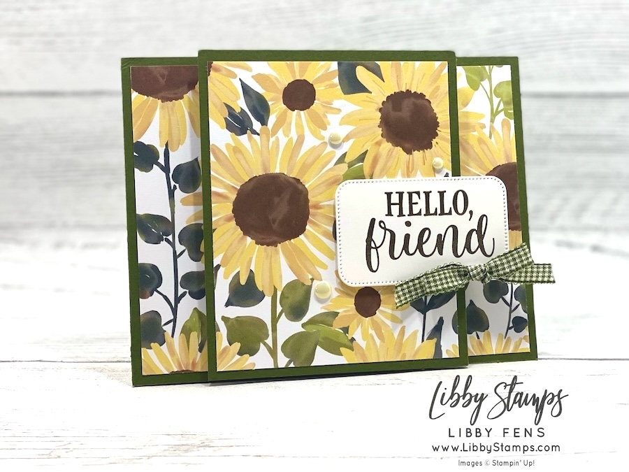libbystamps, Radiant Sunflowers Bundle, Radiant Sunflowers, Radiant Sunflowers Dies, Sunflower Fields DSP, Antique Pearls, Mossy Meadow & Very Vanilla 1/4' Gingham Ribbon, Fall, Sunflower, Z-Fold, Create with Stamping Friends