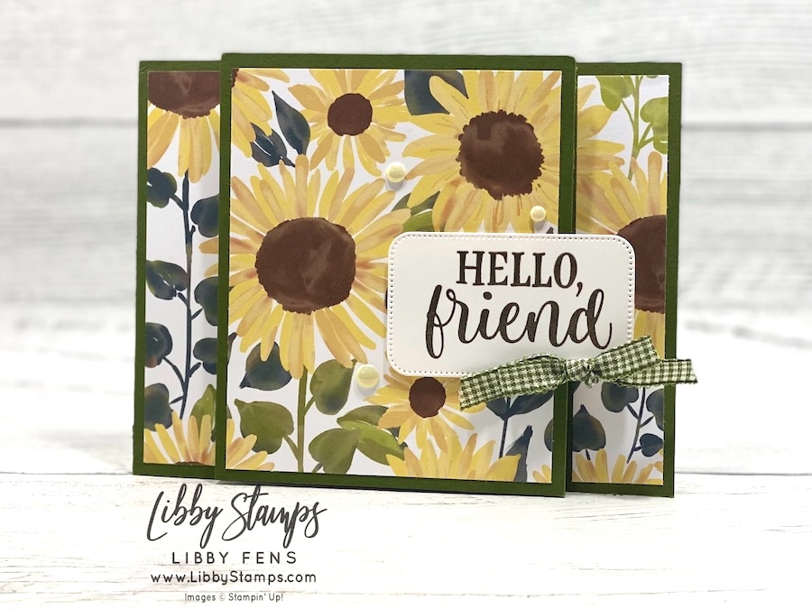 libbystamps, Radiant Sunflowers Bundle, Radiant Sunflowers, Radiant Sunflowers Dies, Sunflower Fields DSP, Antique Pearls, Mossy Meadow & Very Vanilla 1/4' Gingham Ribbon, Fall, Sunflower, Z-Fold, Create with Stamping Friends