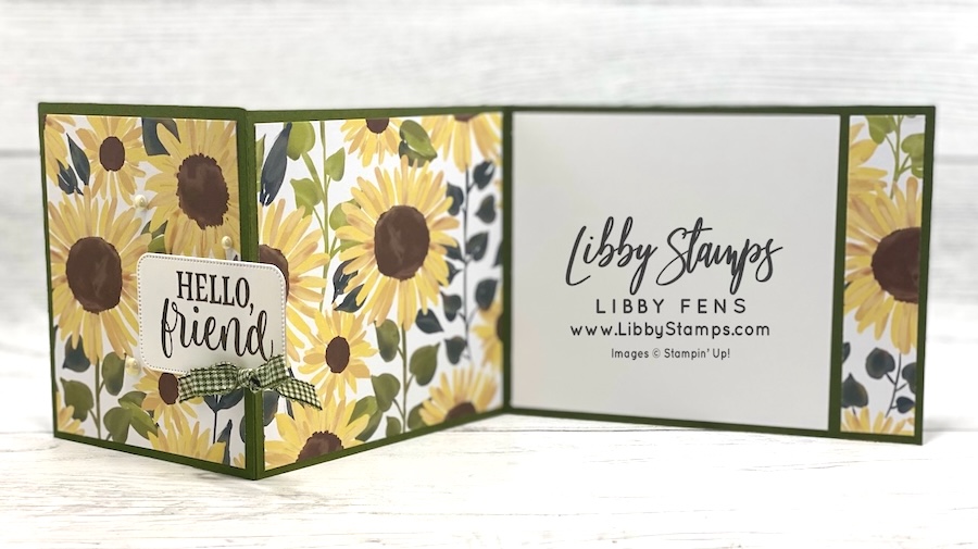 libbystamps, Radiant Sunflowers Bundle, Radiant Sunflowers, Radiant Sunflowers Dies, Sunflower Fields DSP, Antique Pearls, Mossy Meadow & Very Vanilla 1/4' Gingham Ribbon, Fall, Sunflower, Z-Fold, Create with Stamping Friends