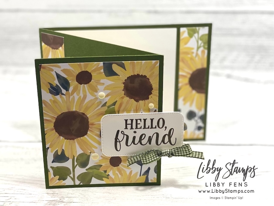libbystamps, Radiant Sunflowers Bundle, Radiant Sunflowers, Radiant Sunflowers Dies, Sunflower Fields DSP, Antique Pearls, Mossy Meadow & Very Vanilla 1/4' Gingham Ribbon, Fall, Sunflower, Z-Fold, Create with Stamping Friends