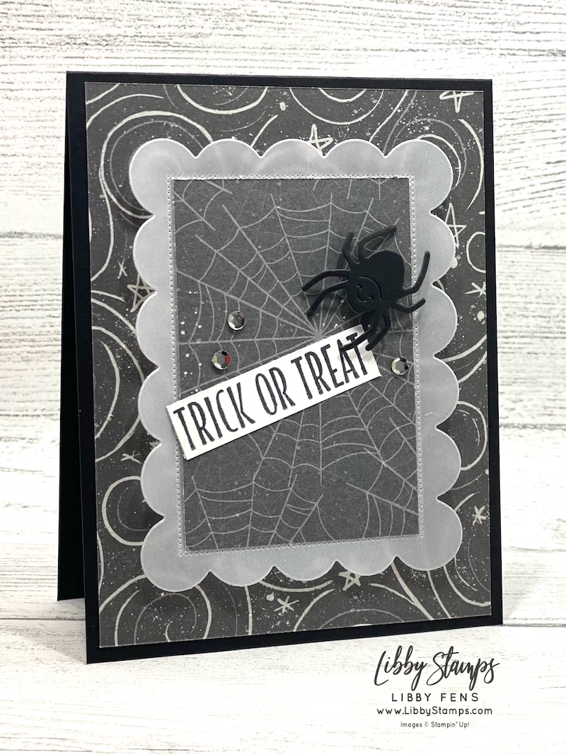 libbystamps, Stampin' Up!, Oh My Fright, Scalloped Christmas Cheer Dies, Web of Fun Dies, Frightfully Fun DSP, Adhesive Backed Sparkle Sequins, Vellum, Halloween, Create with Stamping Friends