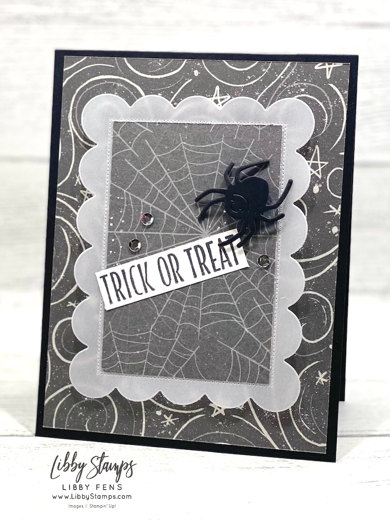 libbystamps, Stampin' Up!, Oh My Fright, Scalloped Christmas Cheer Dies, Web of Fun Dies, Frightfully Fun DSP, Adhesive Backed Sparkle Sequins, Vellum, Halloween, Create with Stamping Friends